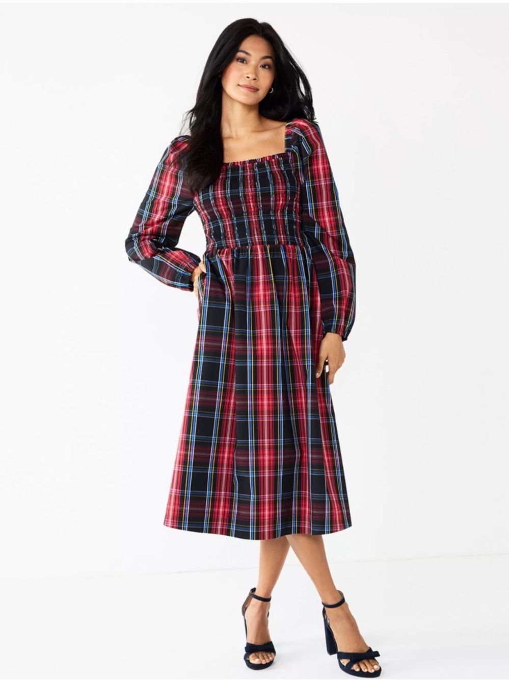 Draper James RSVP Plaid Smocked Midi Dress Holiday Tartan Cottagecore